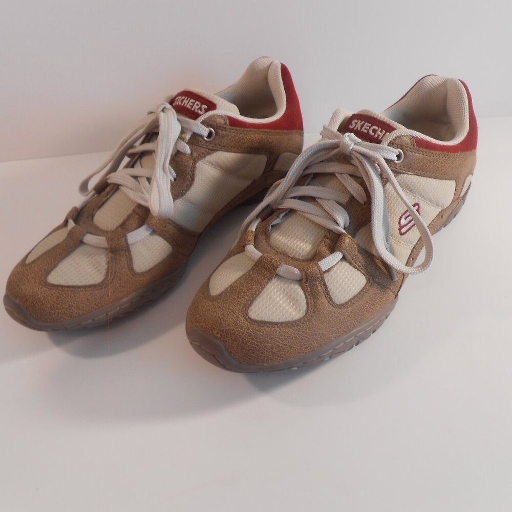 Skechers Women's Suede Leather Walking Sneakers-Tan/Red - Size 8 (NWT)